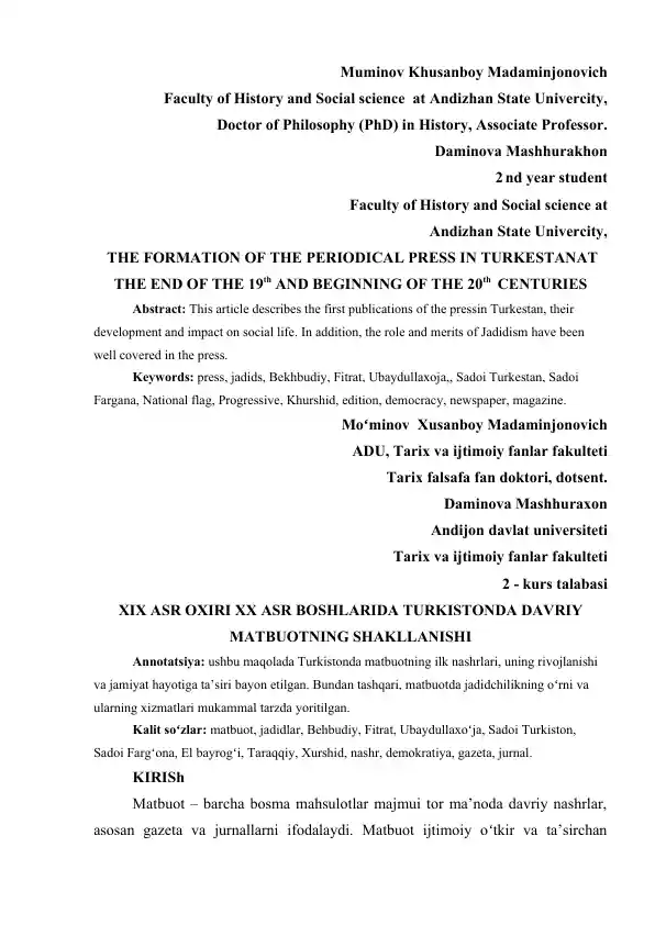 THE FORMATION OF THE PERIODICAL PRESS IN TURKESTAN AT THE END OF THE 19th AND BEGINNING OF THE 20th CENTURIES