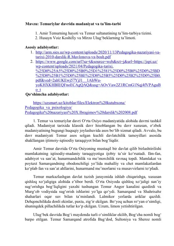 Temuriylar davrida madaniyat va ta’lim-tarbi