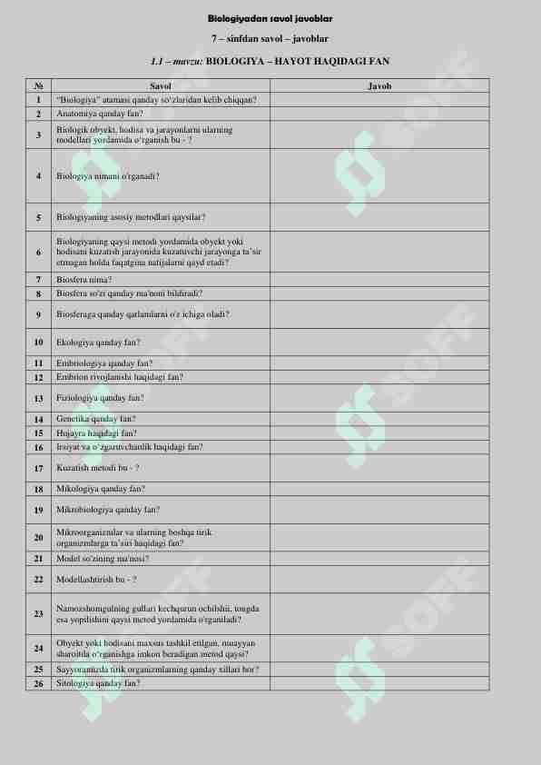 7-sinf biologiya savol-javob 1-qism (javobsiz)