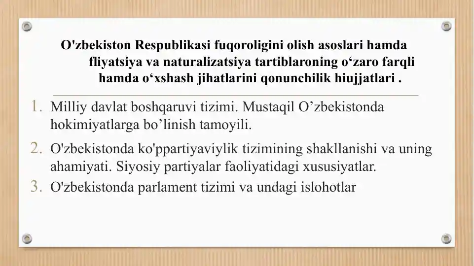 O'zbekiston Respublikasi fuqoroligini olish asoslari hamda fliyatsiya va naturalizatsiya tartiblaroning o‘zaro farqli hamda o‘xshash jihatlarini qonunchilik hiujjatlari