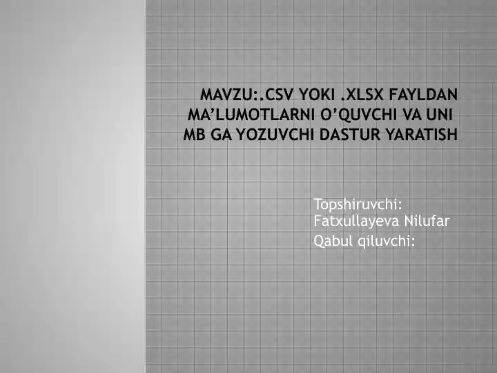 CSV va Excel fayldan ma'lumotlarni o'qish va yozish dasturi yaratish