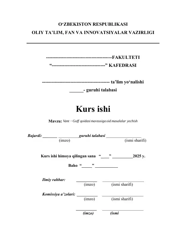 Vant-Goff qoidasi mavzusiga oid masalalar yechish kurs ishi