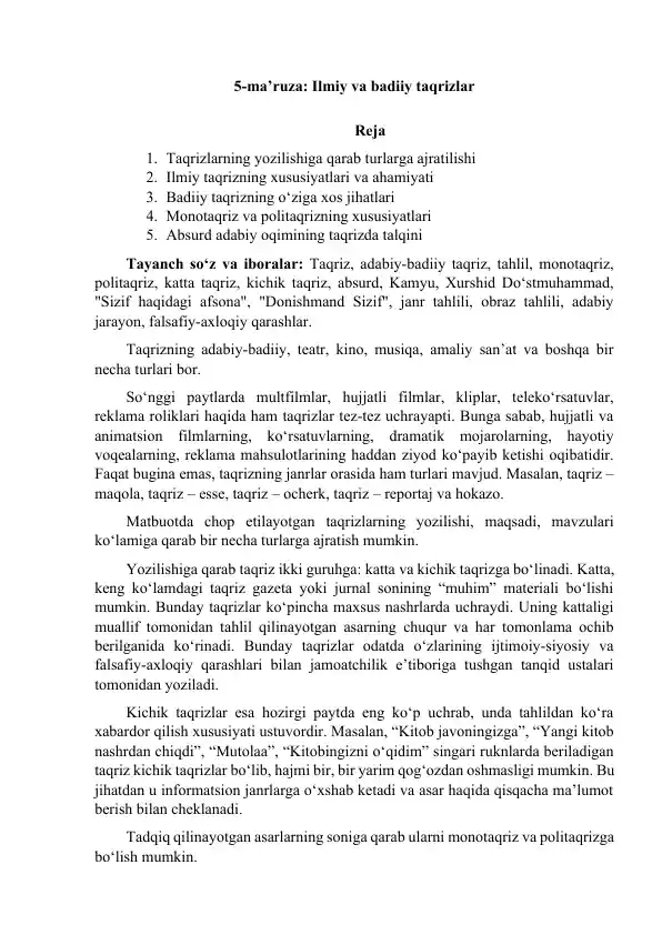 5-ma’ruza: Ilmiy va badiiy taqrizlar