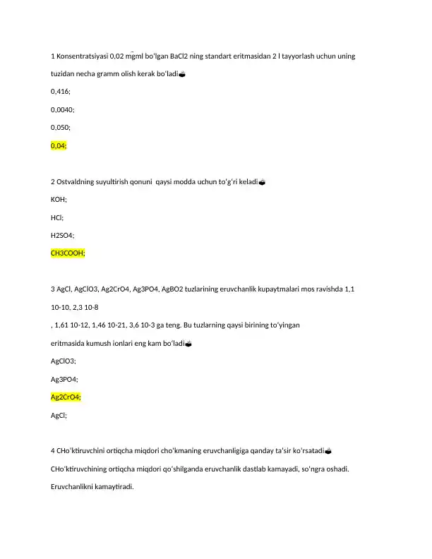 Kimyo fanidan test savollari to‘plami