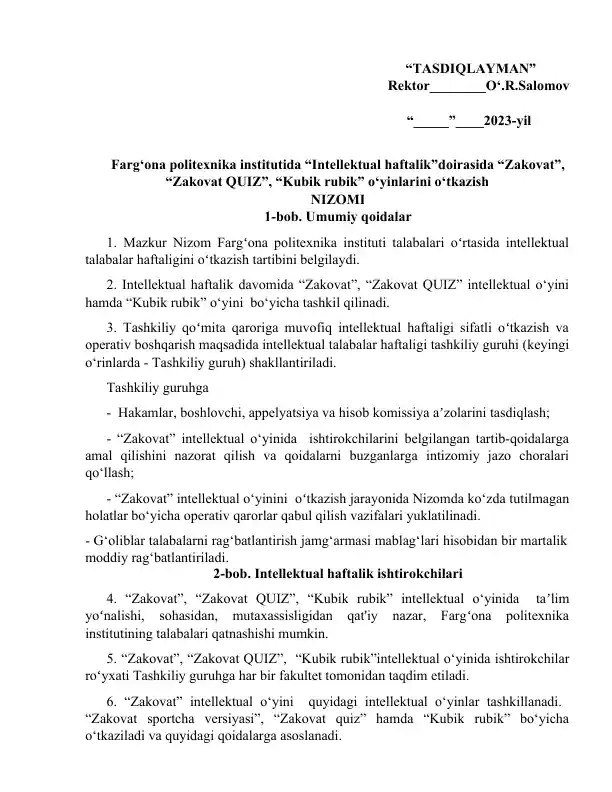 "Intellektual haftalik - Zakovat, Zakovat QUIZ, Kubik rubik o‘yinlari"