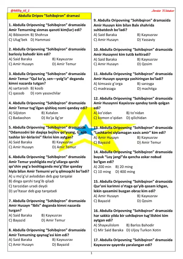 Sohibqiron dramasidan 64 ta javobsiz test