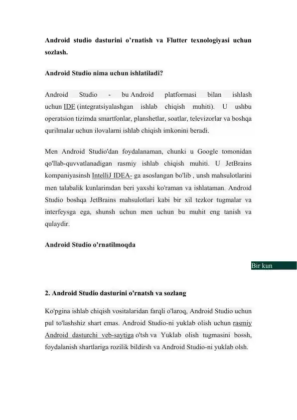 Android studio dasturini o’rnatish va Flutter texnologiyasi uchun sozlash