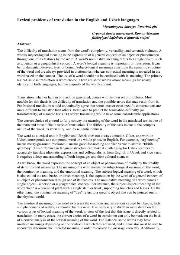 Lexical problems of translation in the English and Uzbek languages