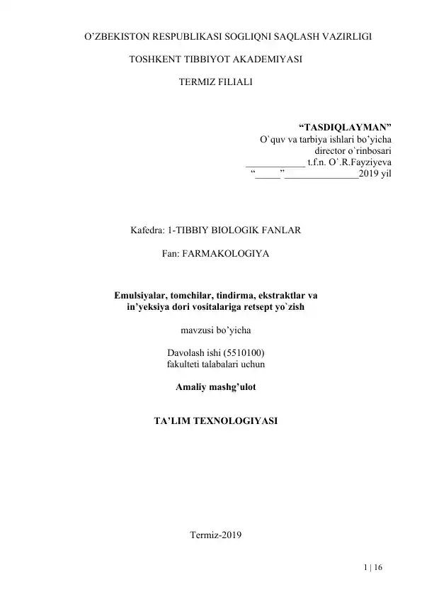 Emulsiyalar, tomchilar, tindirma, ekstraktlar va in’yeksiya dori vositalariga retsept yo`zish mavzusi bo’yicha