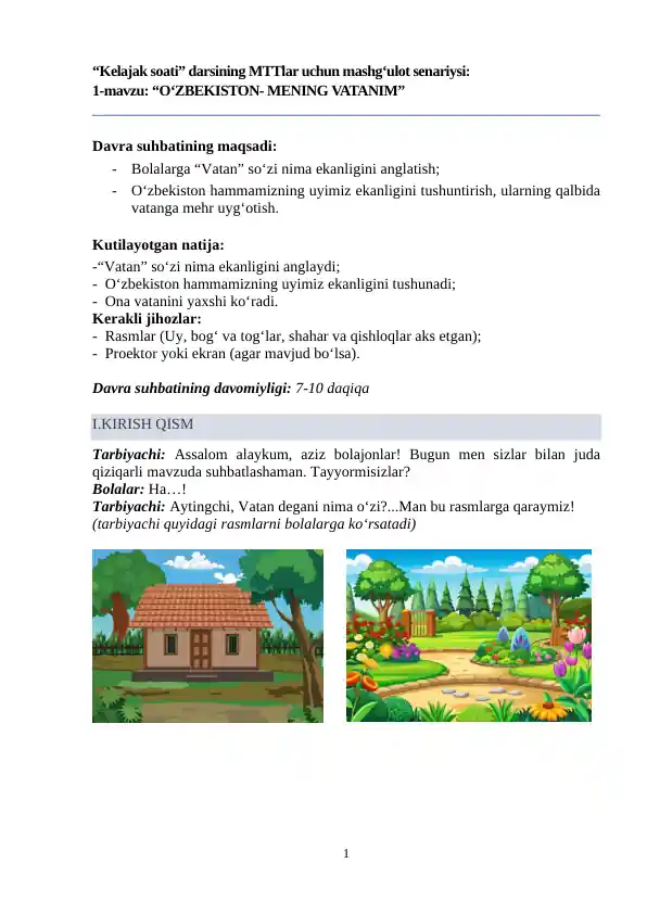 “Kelajak soati” darsining MTTlar uchun mashg‘ulot senariysi