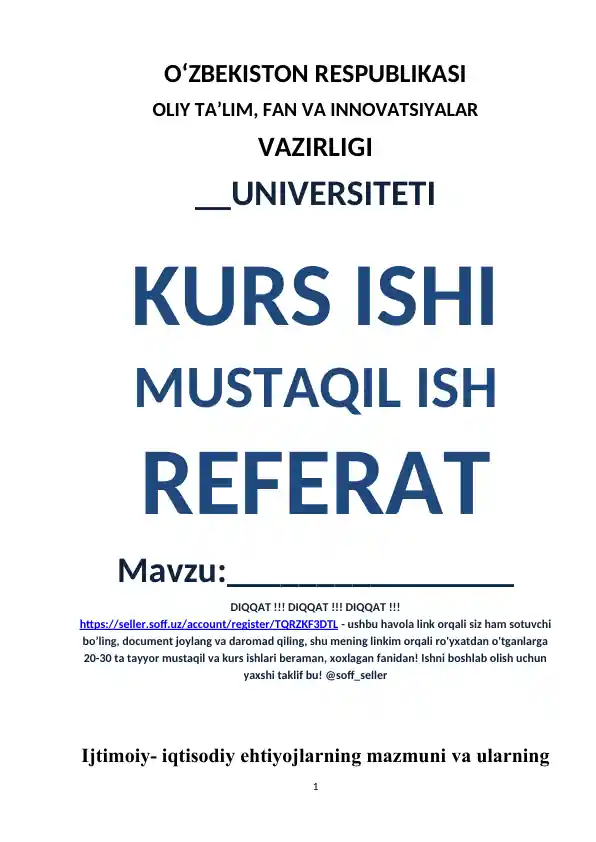 Mustaqil ishlar va kurs ishlari to‘plami (20–30 ta tayyor ish)