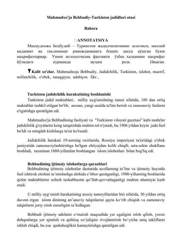 Mahmudxo'ja Behbudiy-Turkiston jadidlari otasi