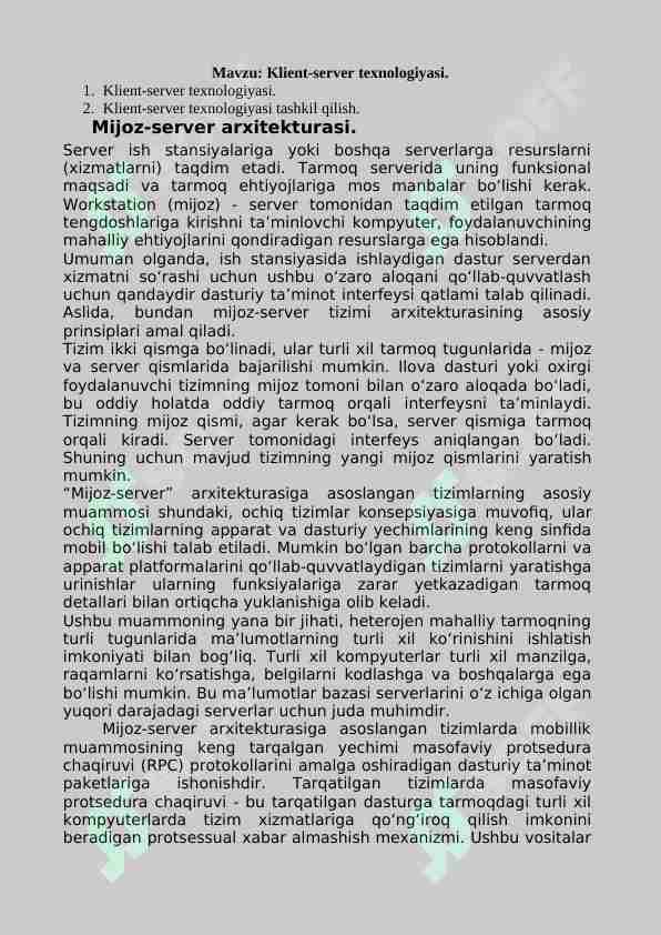 Mavzu: Klient-server texnologiyasi. 1. Klient-server texnologiyasi. 2. Klient-server texnologiyasi tashkil qilish.