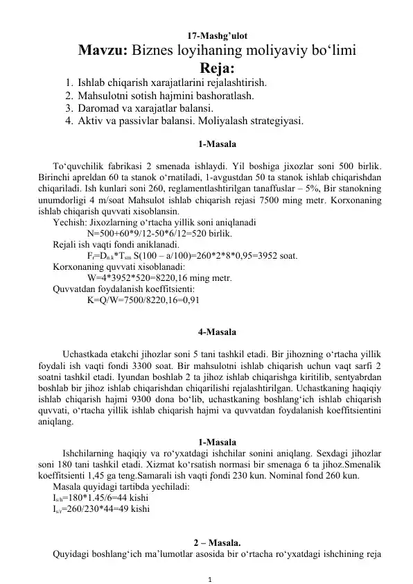 Biznes loyihaning moliyaviy bo‘limi