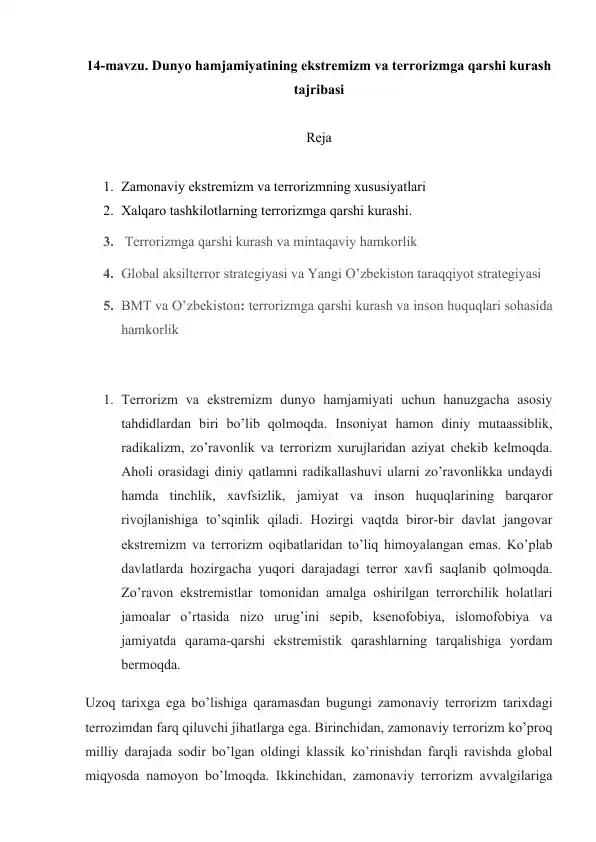 Dunyo hamjamiyatining ekstremizm va terrorizmga qarshi kurash tajribasi