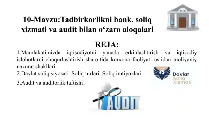Tadbirkorlikni bank, soliq xizmatlari va audit bilan aloqalari