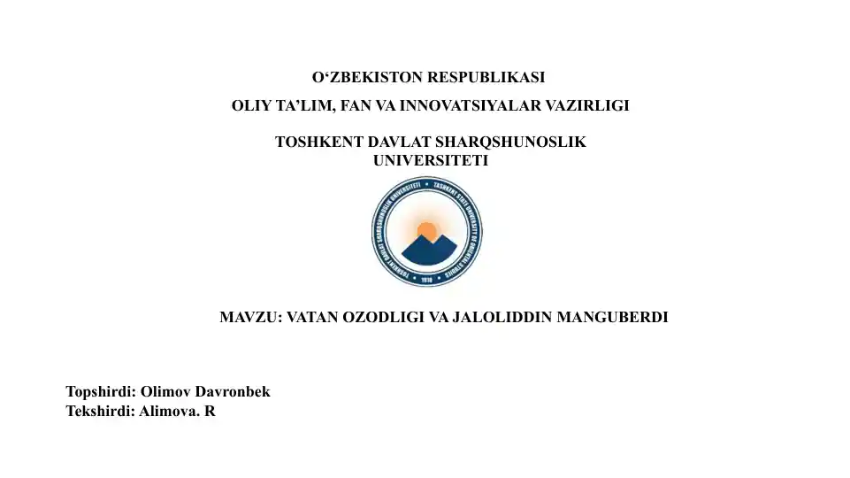 VATAN OZODLIGI VA JALOLIDDIN MANGUBERDI