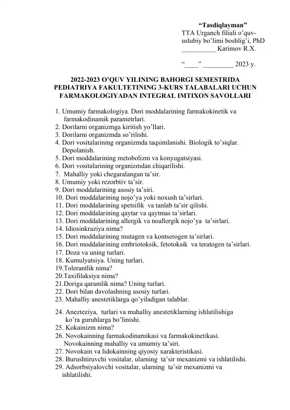 FARMAKOLOGIYA INTEGRAL IMTIXON SAVOLLARI