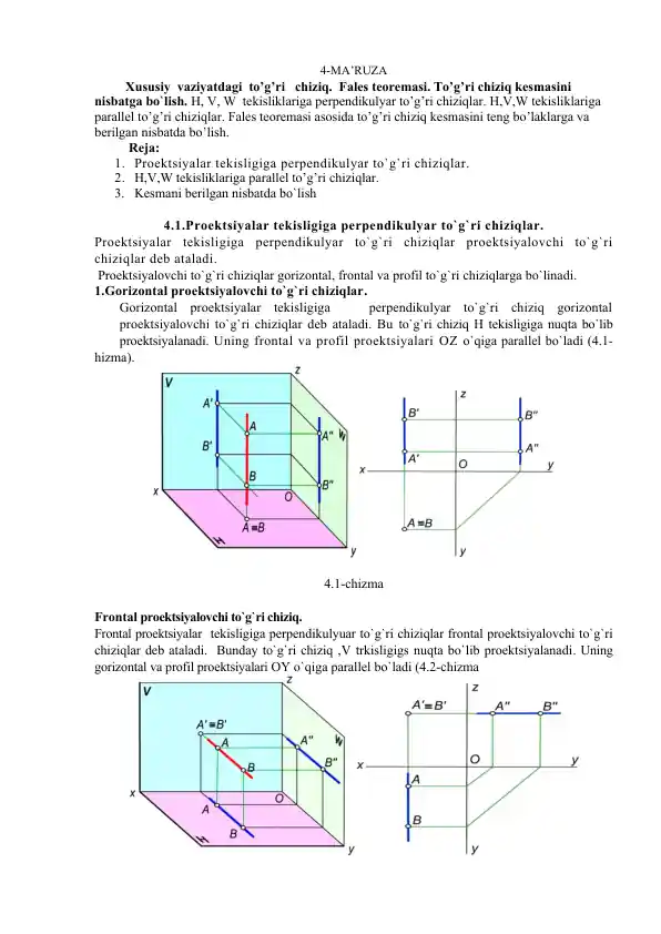 Proektsiyalar tekisligiga perpendikulyar to`g`ri chiziqlar