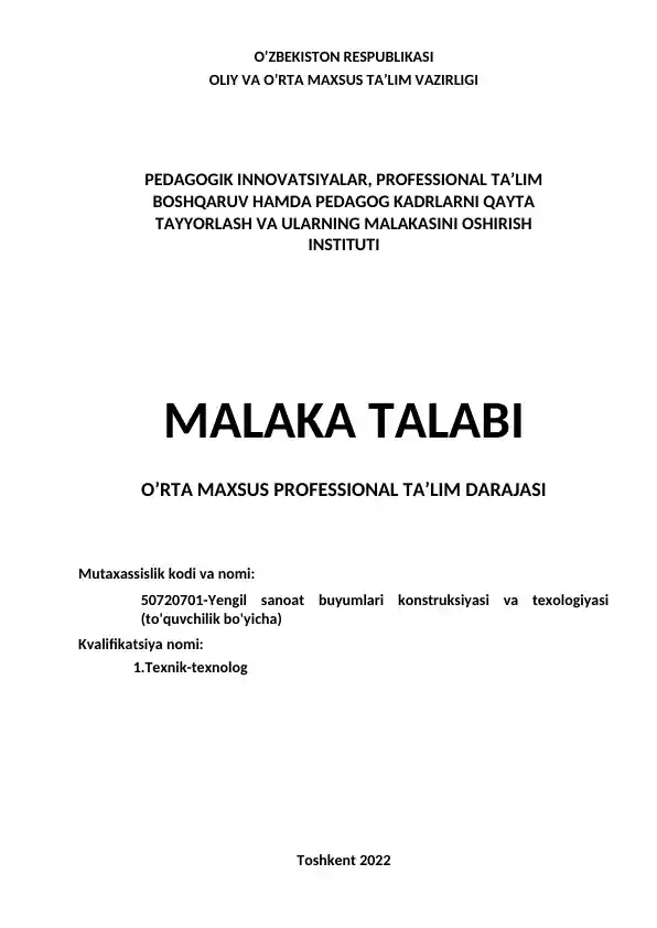 Yengil sanoat buyumlari konstruksiyasi va texologiyasi (to'quvchilik bo'yicha)