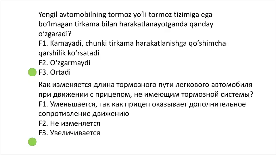 Yo‘l harakati qoidalari test savollari to‘plami