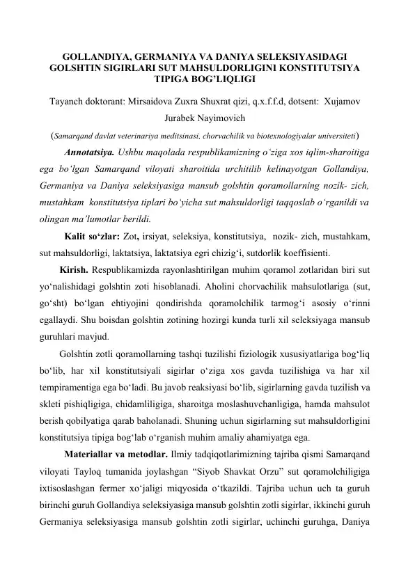 Gollandiya, Germaniya va Daniya seleksiyasidagi Golshitin sigirlari sut mahsuldorligini konstitutsiya tipiga bog'liq