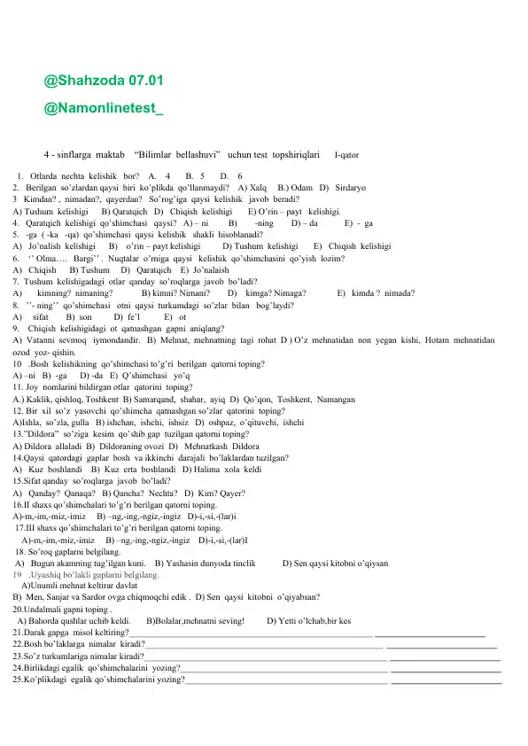 Test topshiriqlari "Bilimlar bellashuvi" uchun