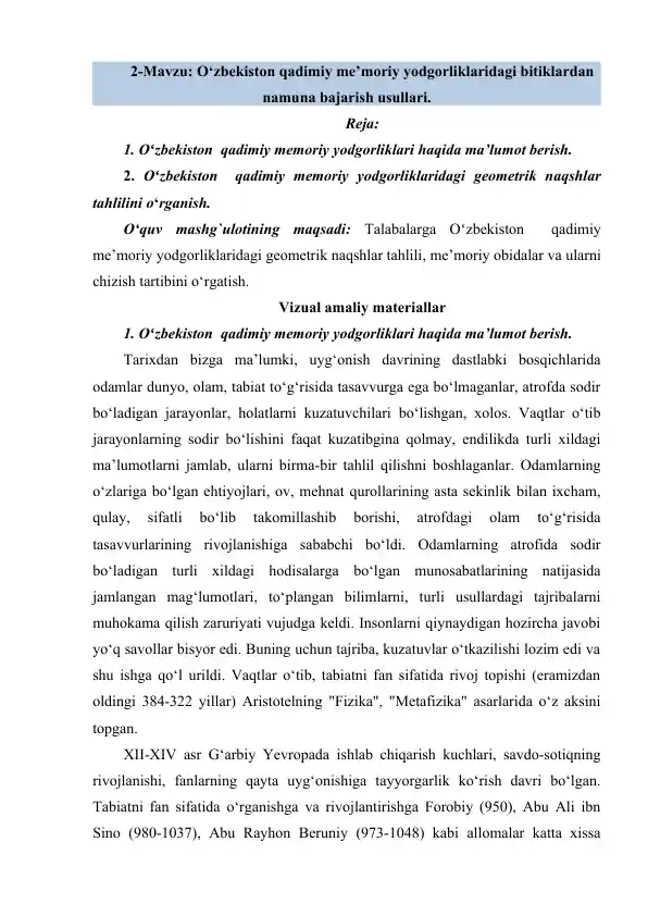 O‘zbekiston qadimiy me’moriy yodgorliklaridagi bitiklardan namuna bajarish usullari