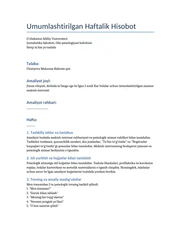 Umumlashtirilgan Haftalik Hisobot