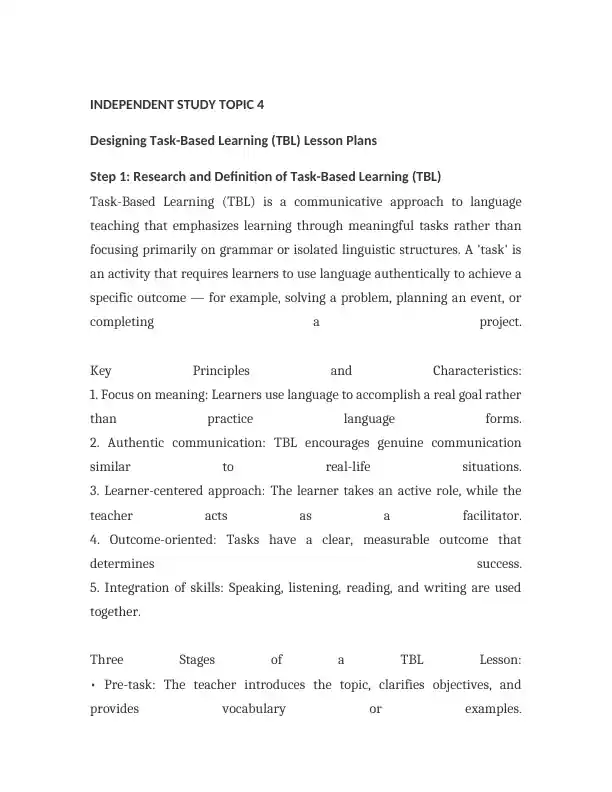 Task-Based Learning (TBL) Lesson Plans