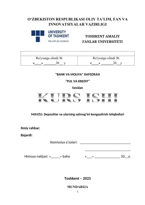 Depozitlar va ularning salmog’ini kengaytirish istiqbollari