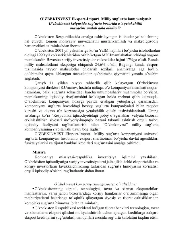O’ZBEKINVEST Eksport-Import Milliy sug’urta kompaniyasi