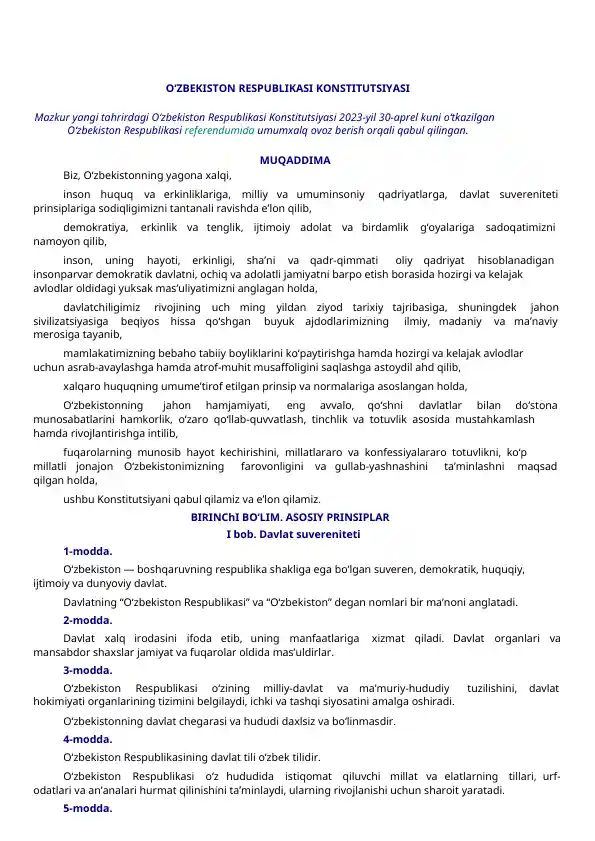 O‘ZBEKISTON RESPUBLIKASI KONSTITUTSIYASI