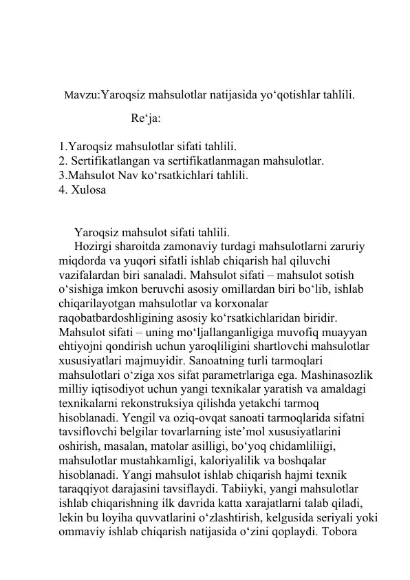 Yaroqsiz mahsulotlar natijasida yo‘qotishlar tahlili