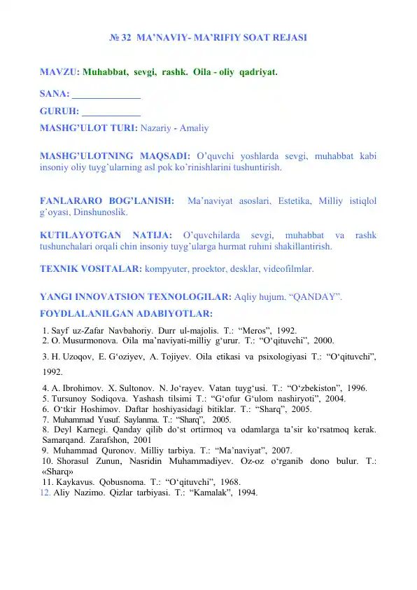 Ma'naviy-ma'rifaiy soat rejasi