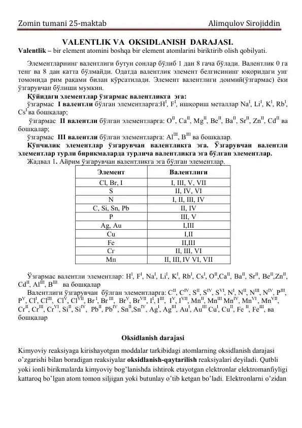 Valentlik va Oksidlanish Darajasi