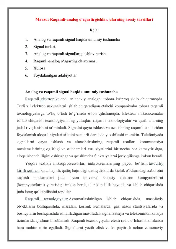 Raqamli-analog o‘zgartirgichlar, ularning asosiy tavsiflari