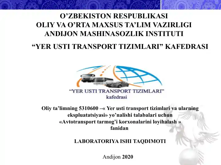 "ATK bo`yicha TXK va JT ishlarining yillik ishlab chiqarish dasturini kompyuterda hisoblash"