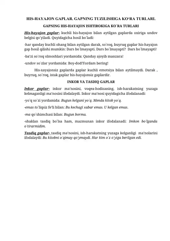 His-hayajon gaplar. Gapning tuzilishiga ko‘ra turlari