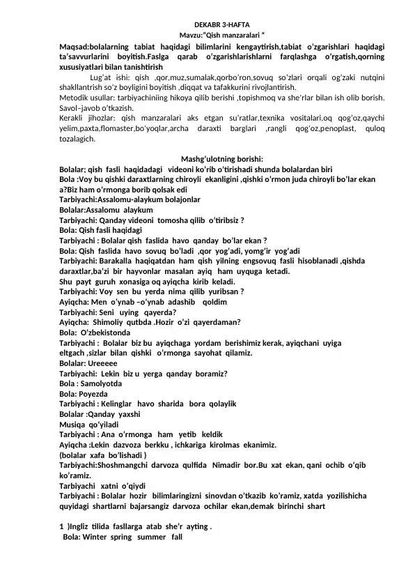 Qish manzaralari bilimlarini kengaytirish mashg'uloti