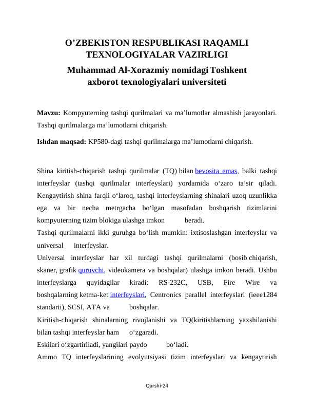 Kompyuterning tashqi qurilmalari va ma’lumotlar almashish jarayonlari