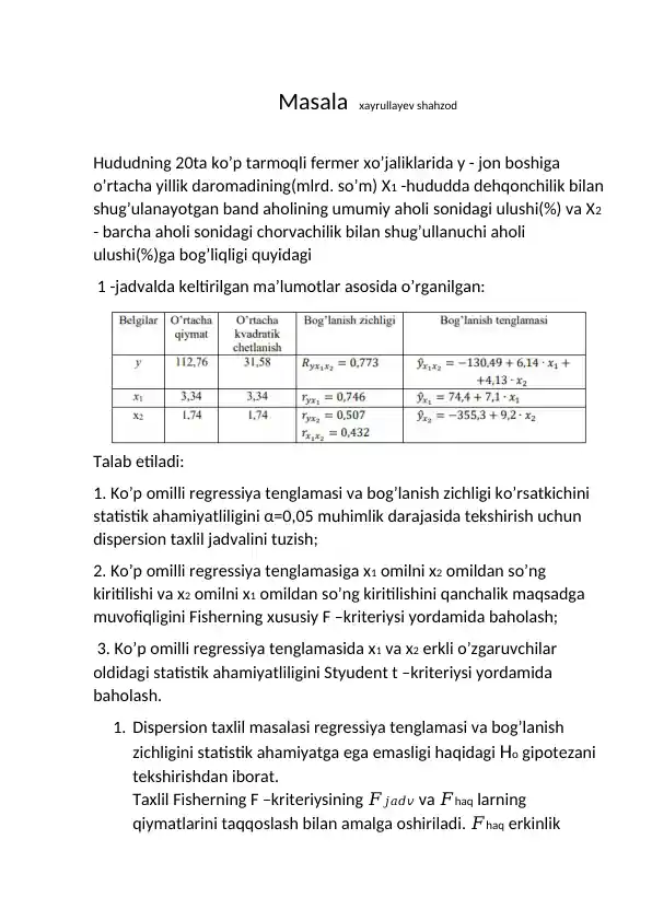 Ko‘p omilli regressiya tenglamasi va dispersion taxlil masalasi