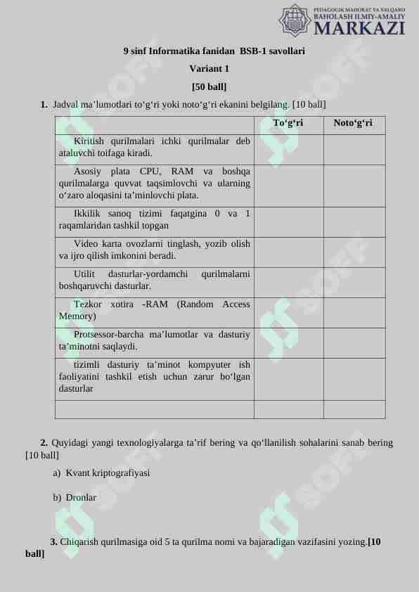 9-sinf informatika BSB I variant