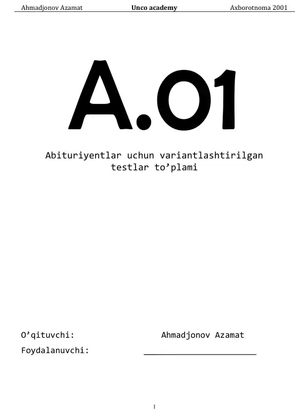 Abituriyentlar uchun variantlashtirilgan testlar to’plami