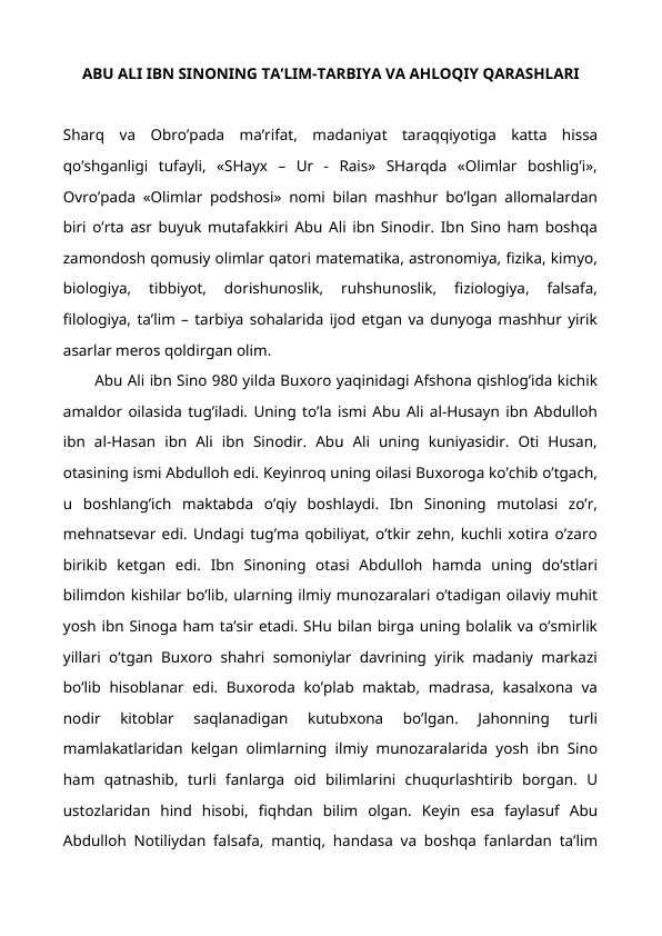 Abu Ali Ibn Sinoning ta’lim-tarbiya va ahloqiy qarashlari