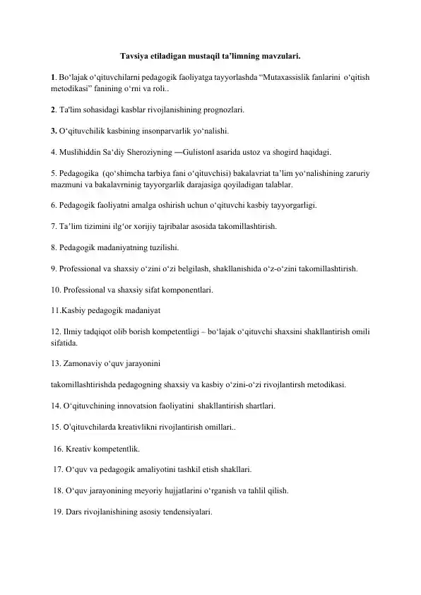 Ta'lim sohasidagi kasblar rivojlanishining prognozlari