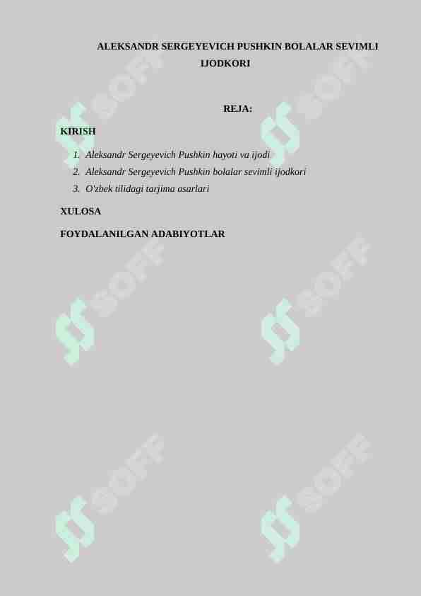 ALEKSANDR SERGEYEVICH PUSHKIN BOLALAR SEVIMLI IJODKORI