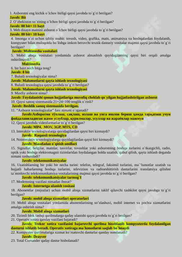 ARGOS TESTLARI Axborot texnologiyalari