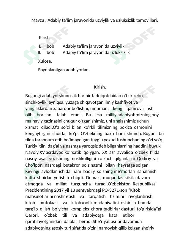 Adabiy ta'lim jarayonida uzviylik va uzluksizlik tamoyillari mavzusida kurs ishi