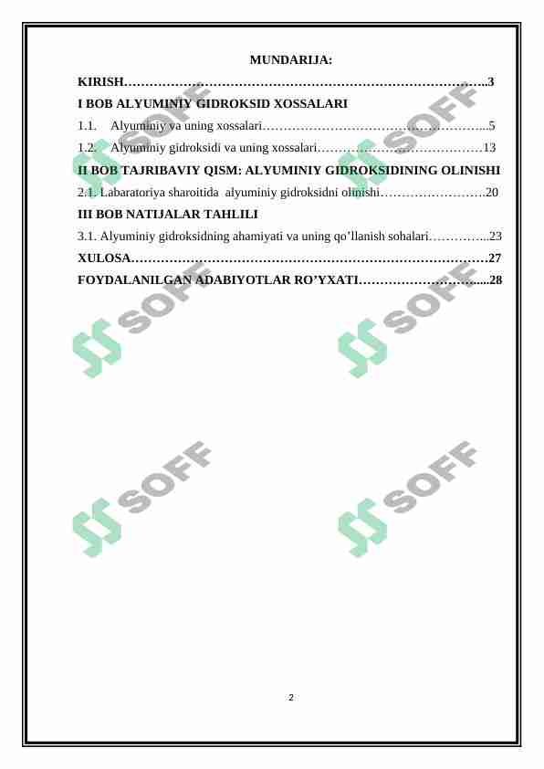 alyuminiy gidroksidning olinishi va xossalari